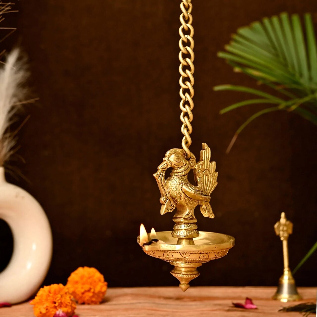 Brass Peacock Wall Hanging Diya with Chain Annam Hanging Idol Oil Lamp Diya for Home Temple Mandir Office Diwali Decor Kathu Vilakku Puja Diya - Deepawali Housewarming Return Gift